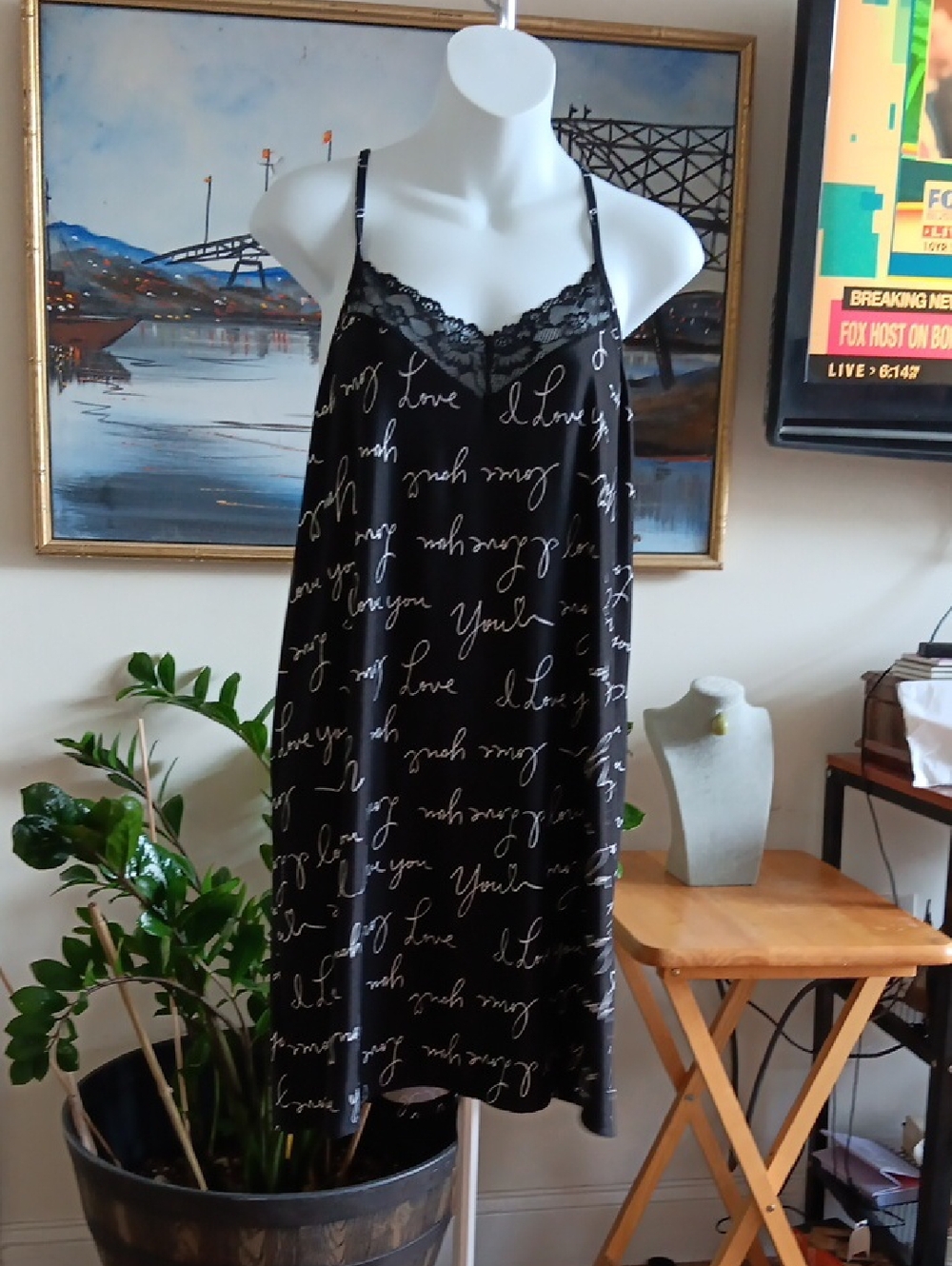 Joyspun Black Script Lace Trim Gown Intimates